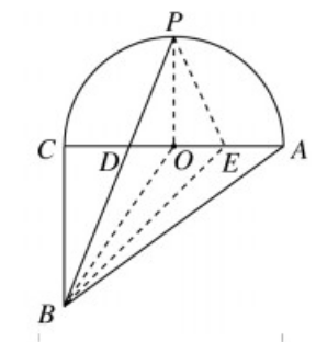 如圖，在直角三角形ABC中，∠ACB=90°，CA＝4．點P是半圓弧AC的中點，連接BP，線段BP把圖形APCB分成兩部分，則這兩部分面積之差的絕對值是__