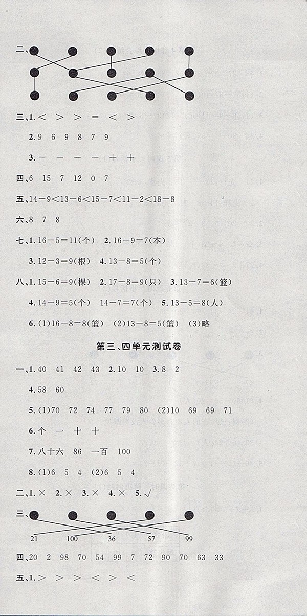 2018人教版非常1加1一課一練數(shù)學(xué)一年級下冊參考答案