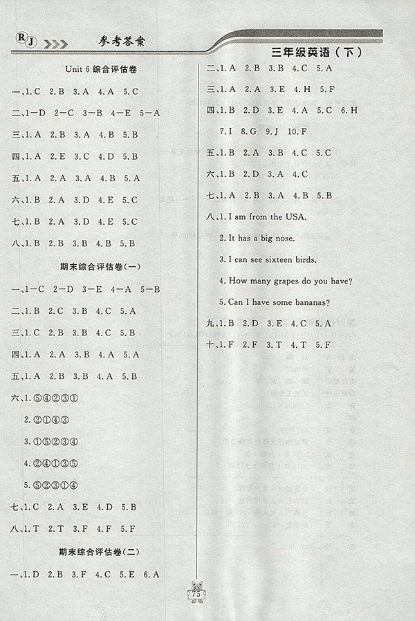 2018人教版狀元陪練課時(shí)優(yōu)化設(shè)計(jì)英語三年級(jí)下冊(cè)參考答案