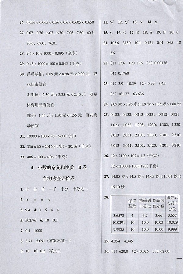 2018狀元坊全程突破AB測(cè)試卷數(shù)學(xué)四年級(jí)下冊(cè)參考答案