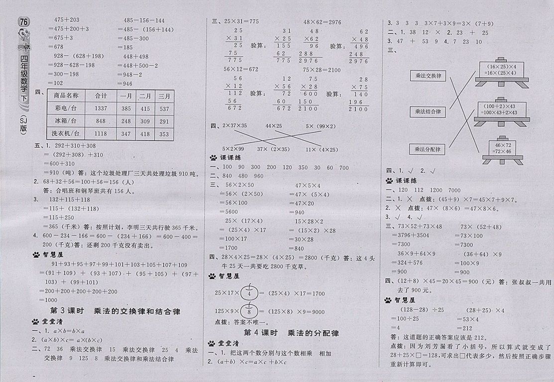 2018蘇教版綜合應(yīng)用創(chuàng)新題典中點數(shù)學(xué)四年級下冊參考答案