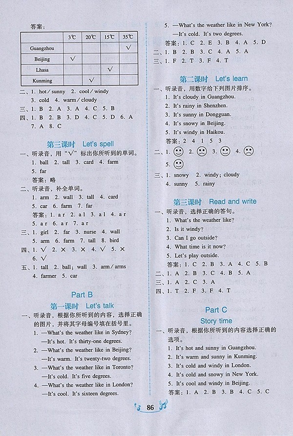 2018人教PEP版百年學(xué)典課時學(xué)練測英語四年級下冊參考答案