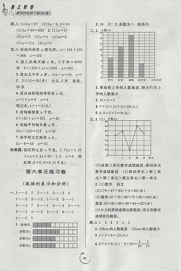 2018北師大版好卷數(shù)學(xué)四年級(jí)下冊(cè)參考答案