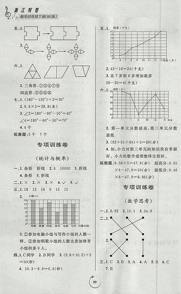 2018北師大版好卷數(shù)學(xué)四年級(jí)下冊(cè)參考答案