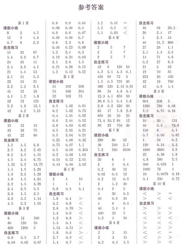 2018年黃岡小狀元口算速算練習(xí)冊(cè)五年級(jí)上冊(cè)數(shù)學(xué)參考答案