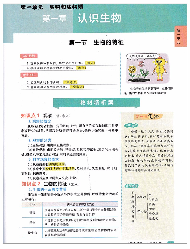 2019版新課標人教版尖子生學(xué)案七年級上冊生物參考答案