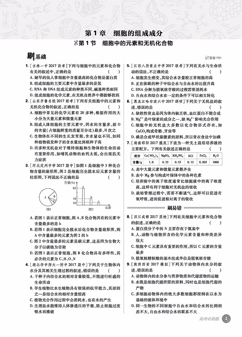 2019高考必刷題生物1分子與細(xì)胞參考答案