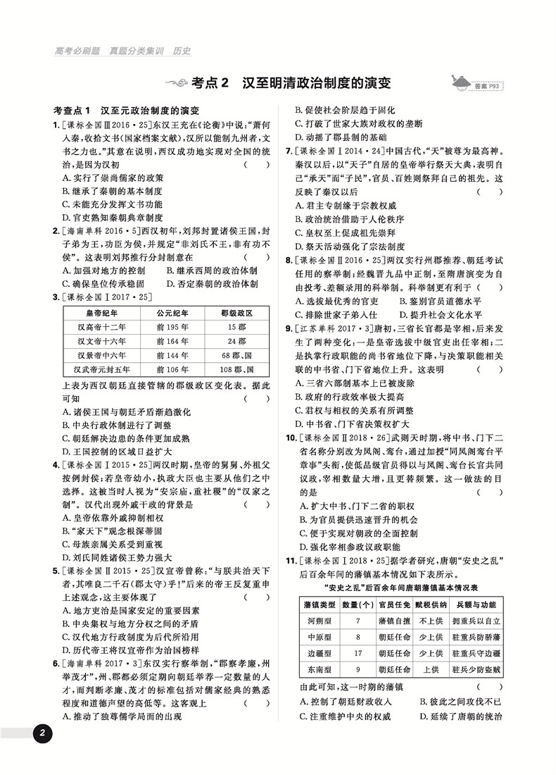 2019高考必刷題歷史真題分類訓練參考答案