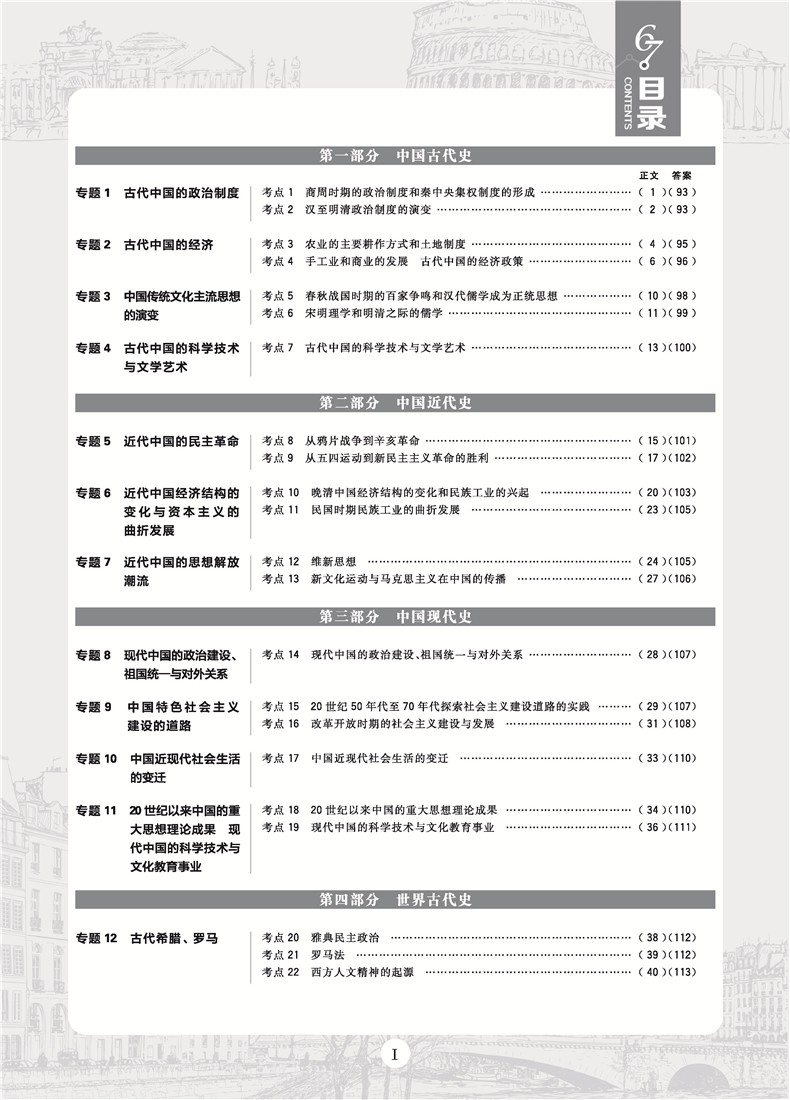 2019高考必刷題歷史真題分類訓練參考答案