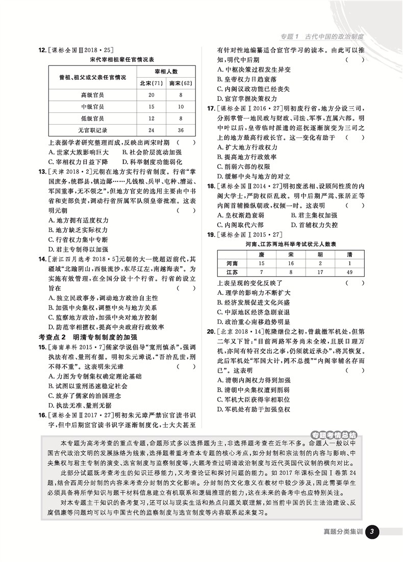 2019高考必刷題歷史真題分類訓練參考答案