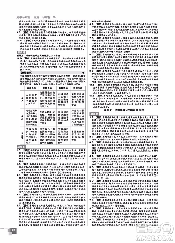 2019人教版高中必刷題政治必修2參考答案