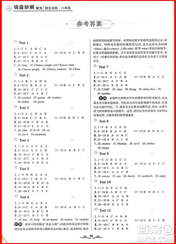 2018年八年級錦囊妙解聽力強化訓練第9版參考答案