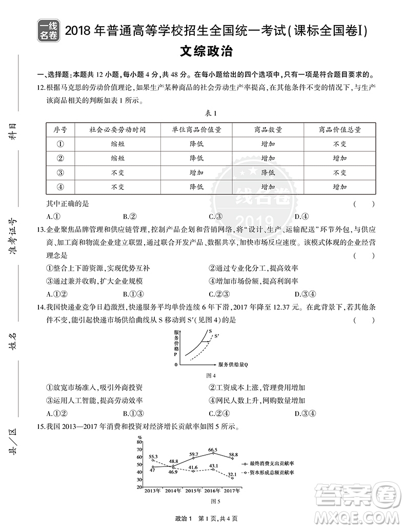 2019一線名卷高考真題卷政治參考答案