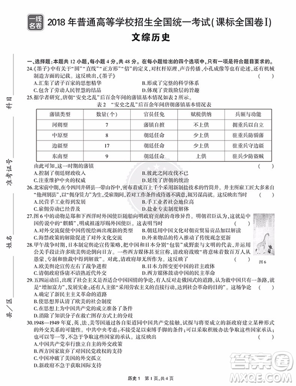 2019一線名卷53高考真題卷歷史答案詳解