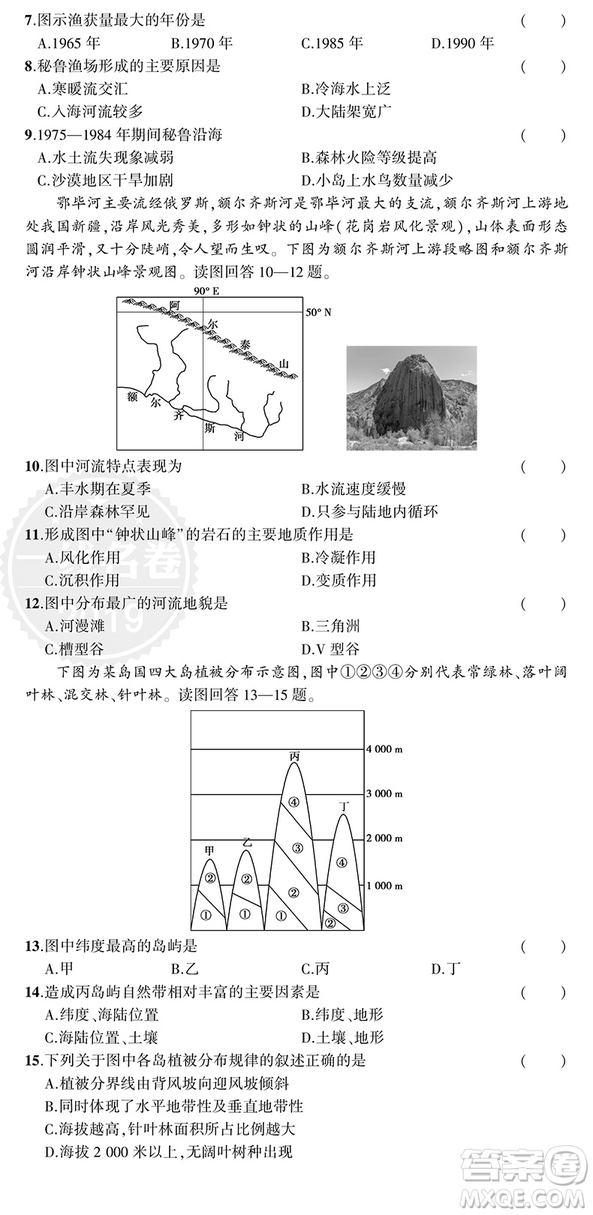 2019一線名卷地理高考模擬卷全程優(yōu)選參考答案