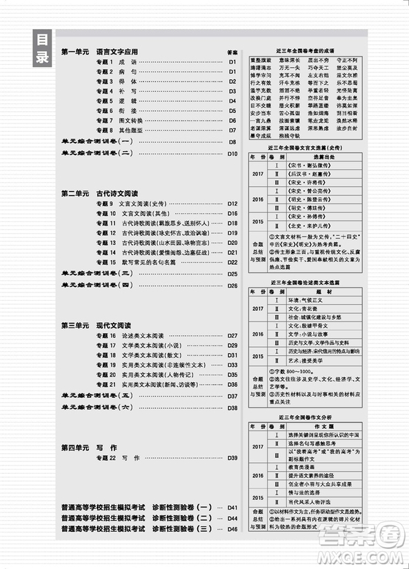 高考必刷卷單元提升卷2019最新版語(yǔ)文參考答案