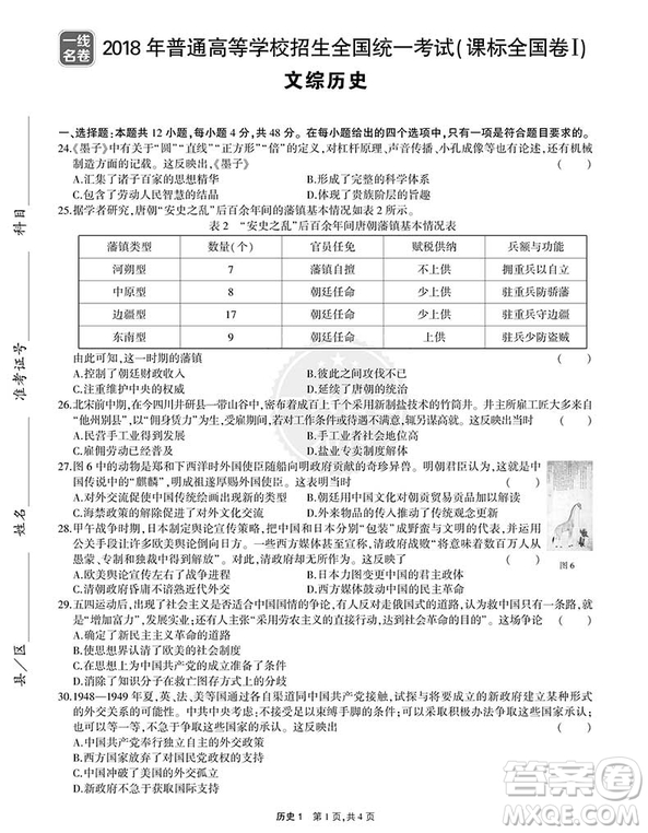 2019版5年高考真題卷歷史一線名卷答案詳解