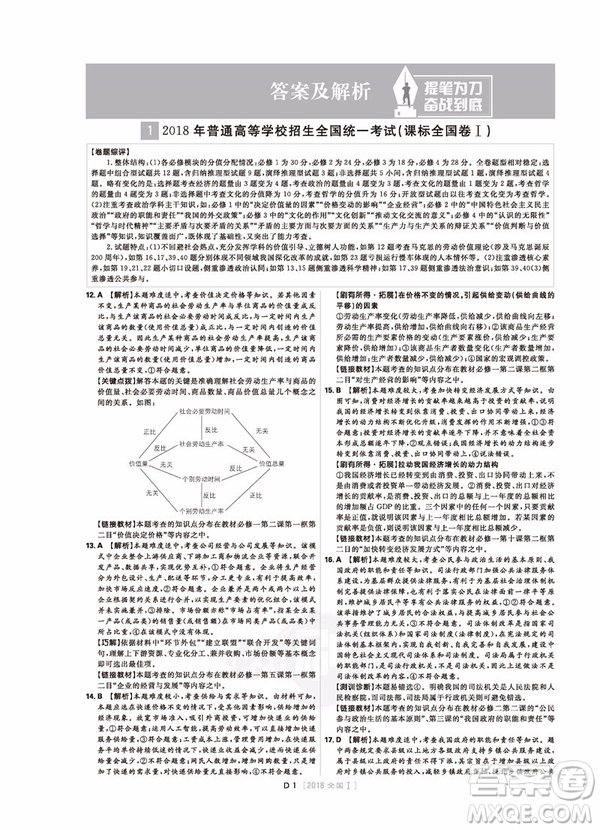 2019高考必刷卷政治十年真題參考答案