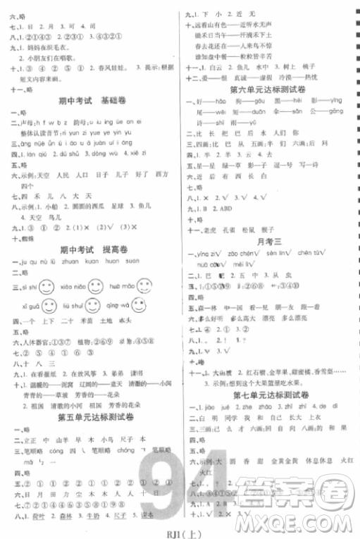 2018版期末100分沖刺卷人教版一年級上冊語文參考答案