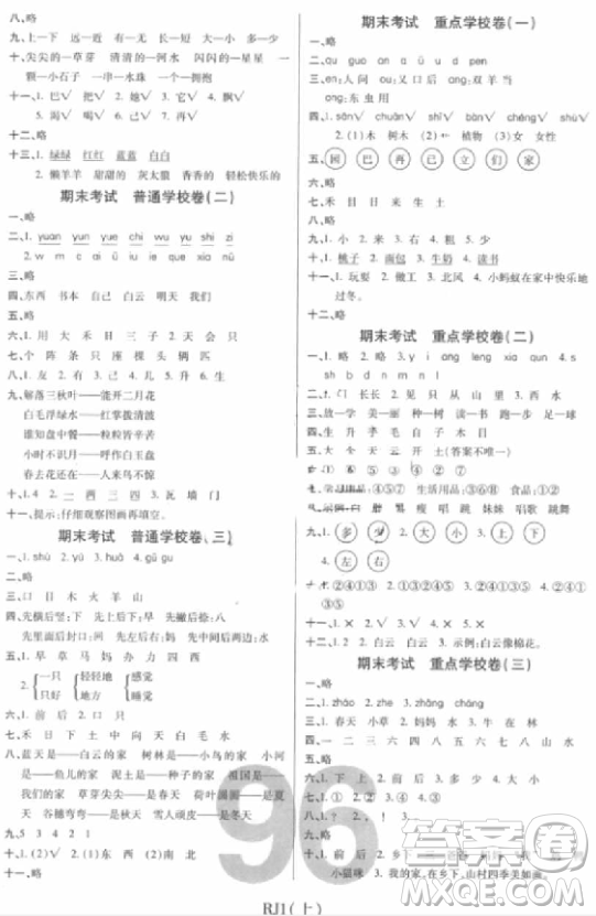 2018版期末100分沖刺卷人教版一年級上冊語文參考答案