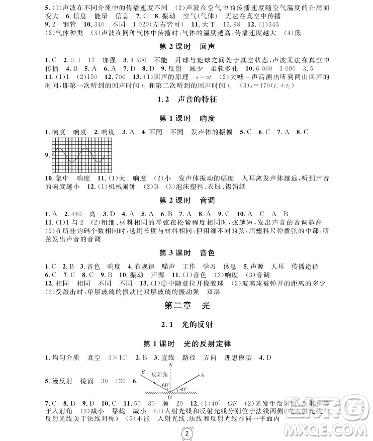 2018年物理8年級上冊上海作業(yè)參考答案