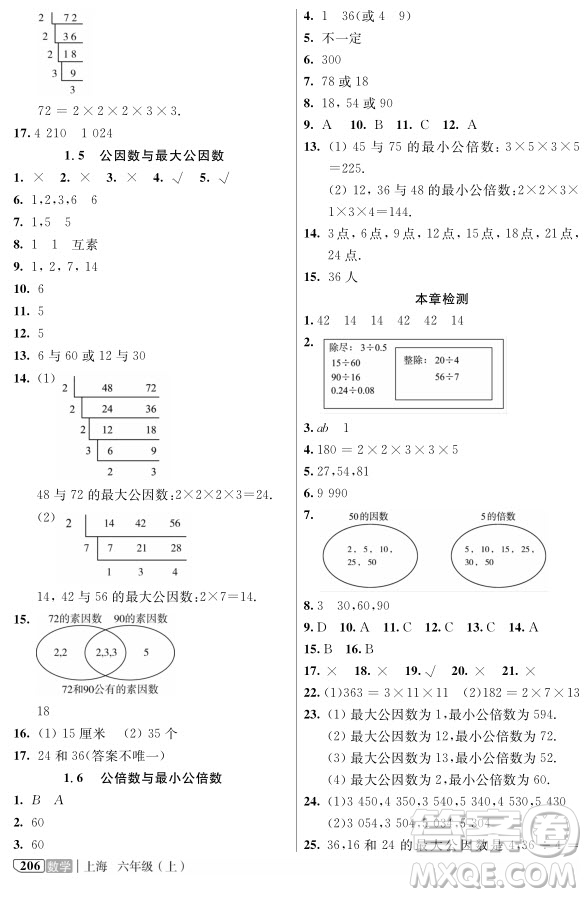 2018年鐘書金牌新教材全解六年級上數(shù)學(xué)參考答案