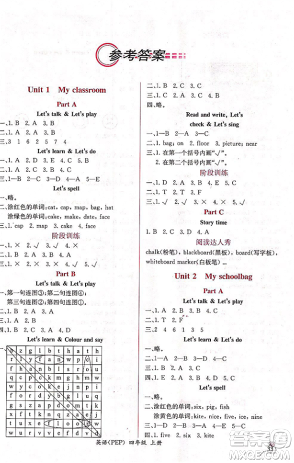 2018人教版課時練A小學(xué)英語四年級上冊同步導(dǎo)學(xué)案參考答案