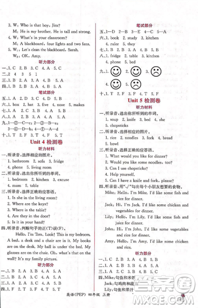 2018人教版課時練A小學(xué)英語四年級上冊同步導(dǎo)學(xué)案參考答案