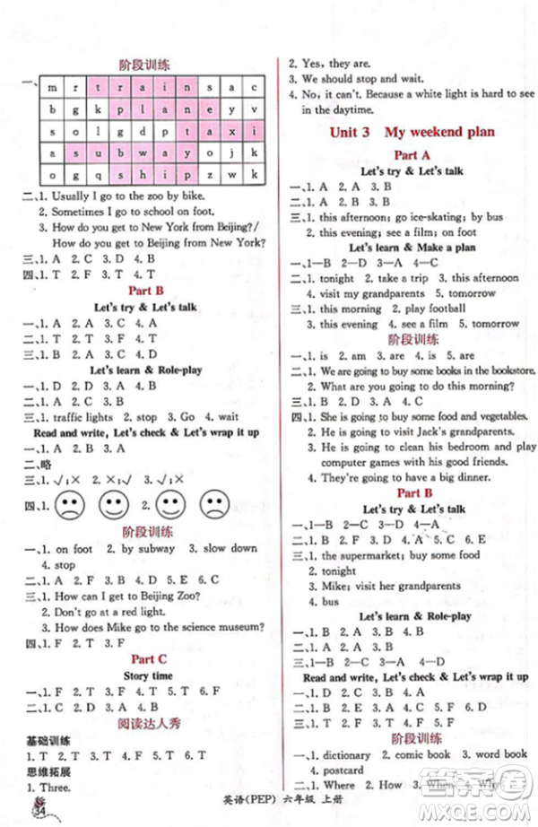 2018人教版課時(shí)練小學(xué)英語PEP六年級(jí)上冊同步導(dǎo)學(xué)案參考答案