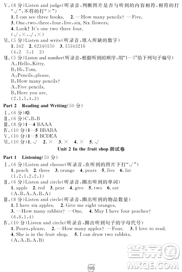 2018全新版英語鐘書金牌金試卷一年級上冊參考答案