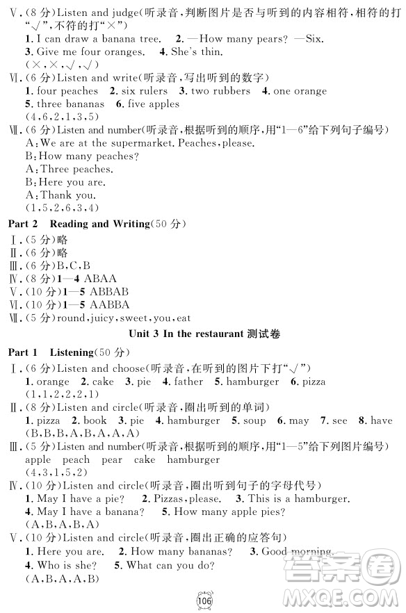 2018全新版英語鐘書金牌金試卷一年級上冊參考答案