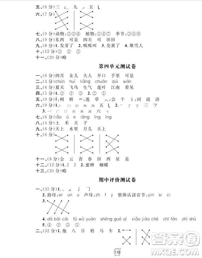 2018全新版語文鐘書金牌金試卷一年級上冊參考答案