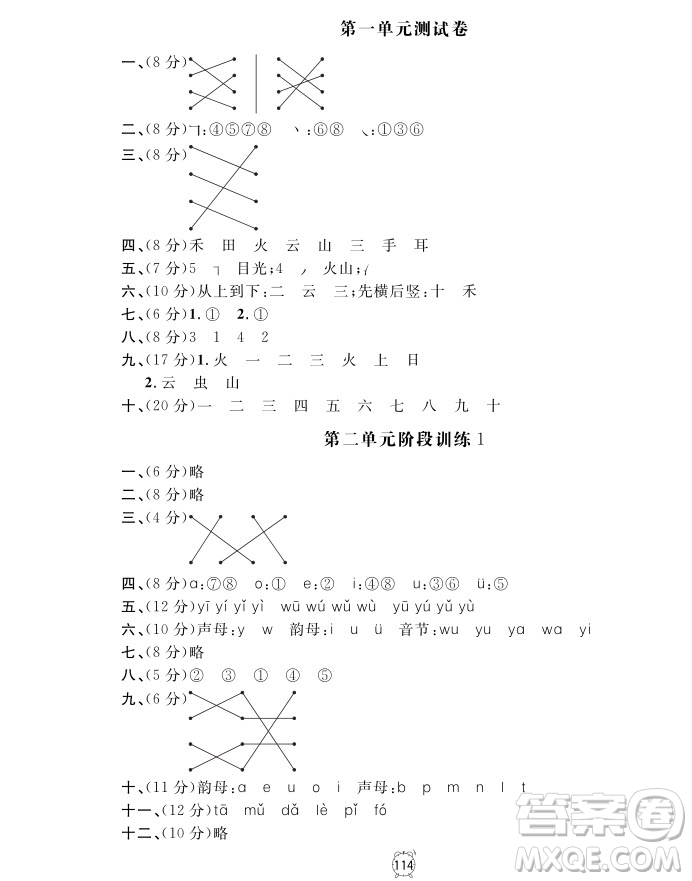 2018全新版語文鐘書金牌金試卷一年級上冊參考答案