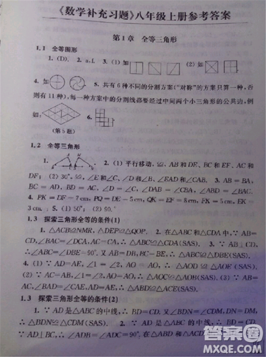 2018秋數(shù)學(xué)補(bǔ)充習(xí)題八年級(jí)上冊(cè)蘇科版參考答案