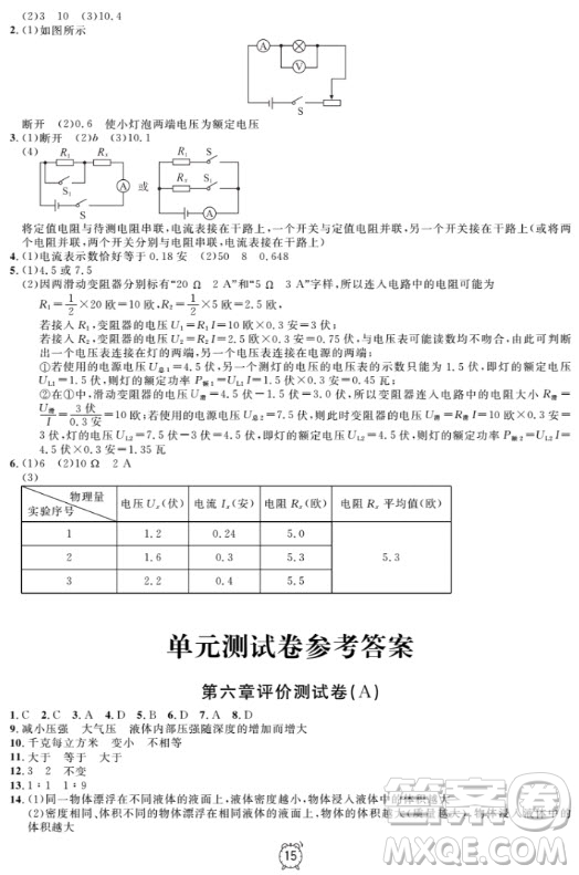 上海作業(yè)物理9年級上2018參考答案