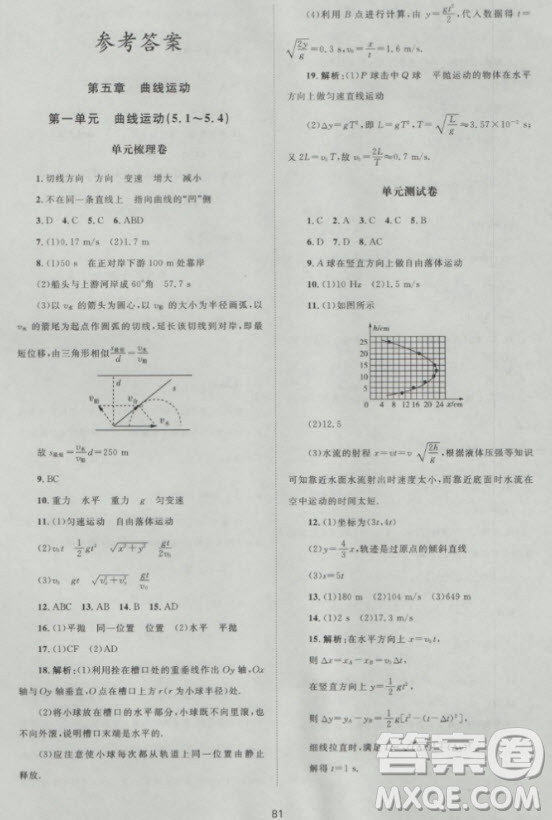 2018年新課標單元測試卷高中物理必修2人教版參考答案