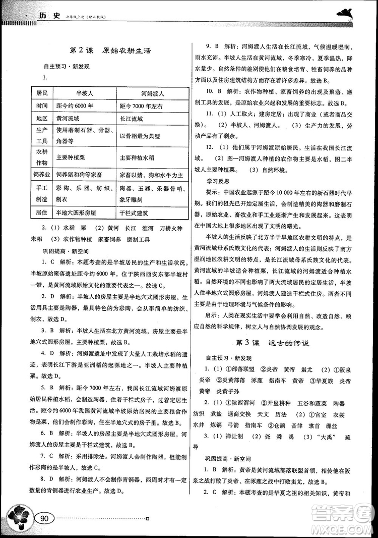 南方新課堂金牌學(xué)案2018七年級(jí)歷史上冊(cè)人教版參考答案