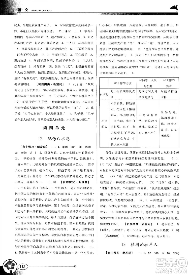 2018南方新課堂金牌學(xué)案七年級上冊語文人教版參考答案