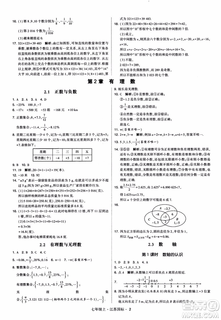 2018秋學(xué)霸題中題初中數(shù)學(xué)七年級上冊蘇科版江蘇國標(biāo)參考答案