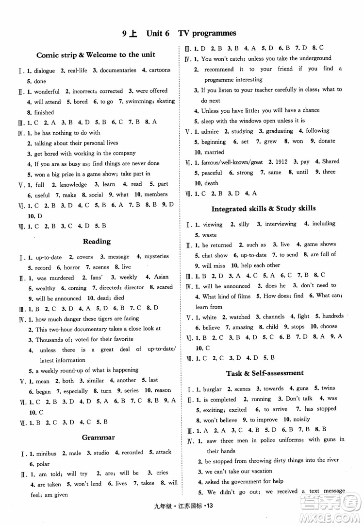 2018秋經(jīng)綸學(xué)典學(xué)霸題中題英語九年級全一冊江蘇國際參考答案