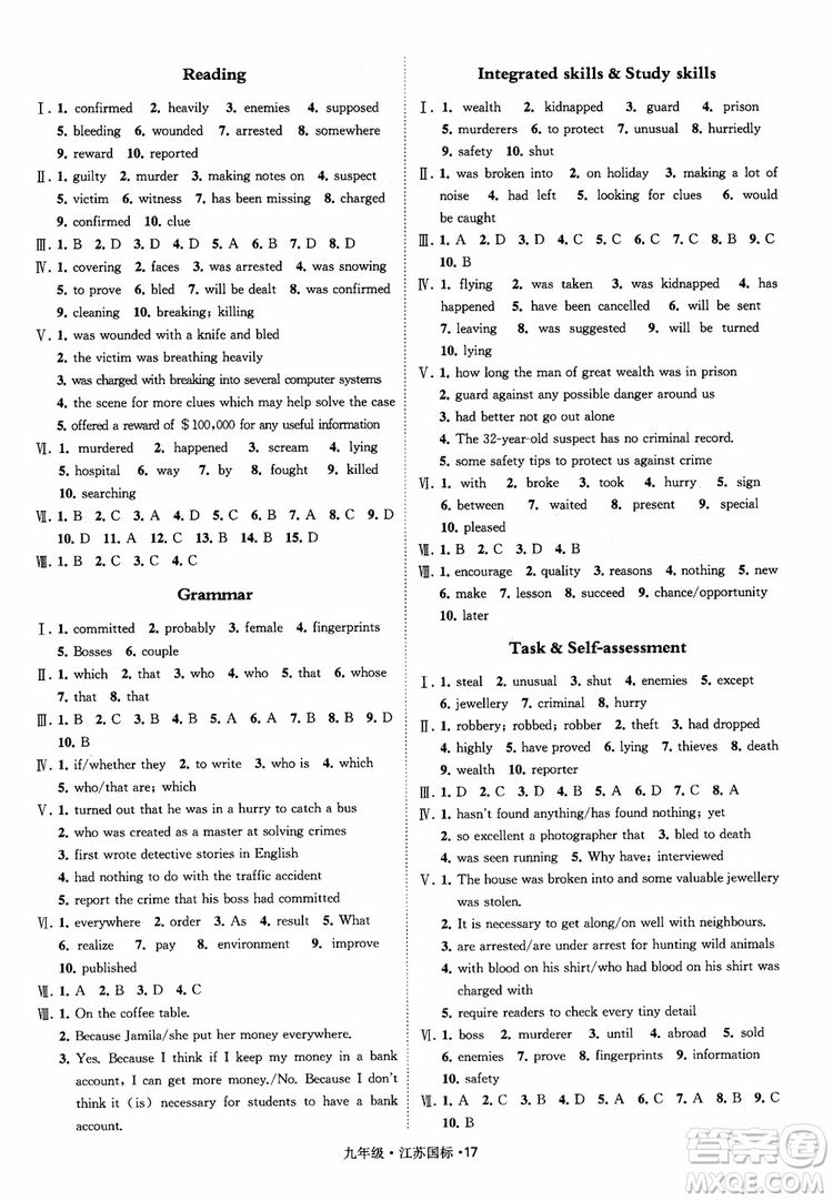 2018秋經(jīng)綸學(xué)典學(xué)霸題中題英語九年級全一冊江蘇國際參考答案