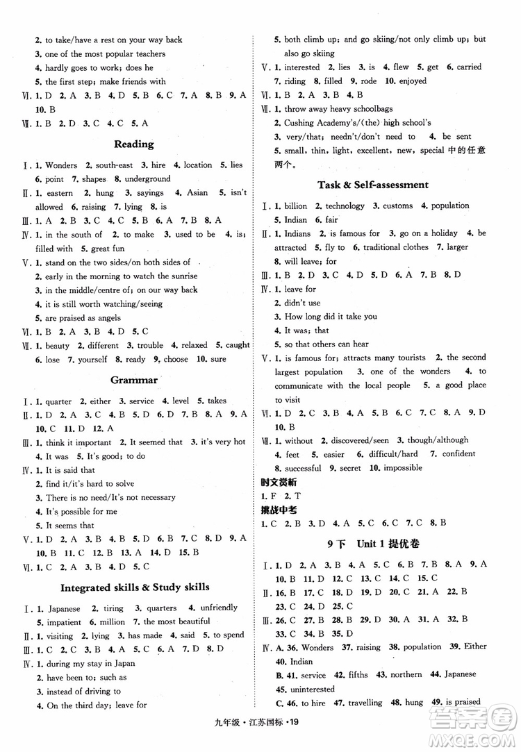 2018秋經(jīng)綸學(xué)典學(xué)霸題中題英語九年級全一冊江蘇國際參考答案