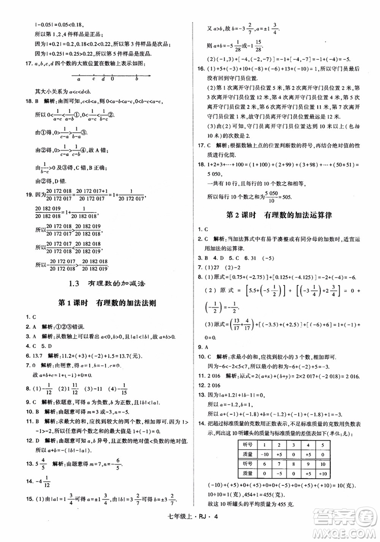 2018年學(xué)霸題中題七年級(jí)上冊(cè)數(shù)學(xué)人教版參考答案