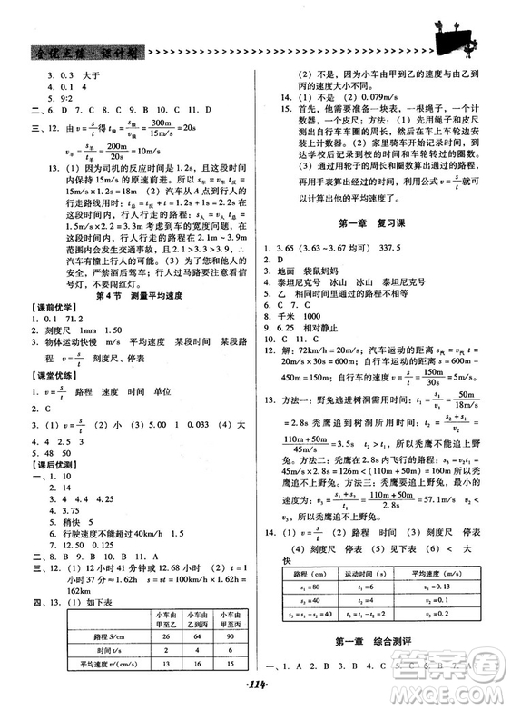 2018人教版全優(yōu)點(diǎn)練課計(jì)劃八年級(jí)物理上冊(cè)參考答案