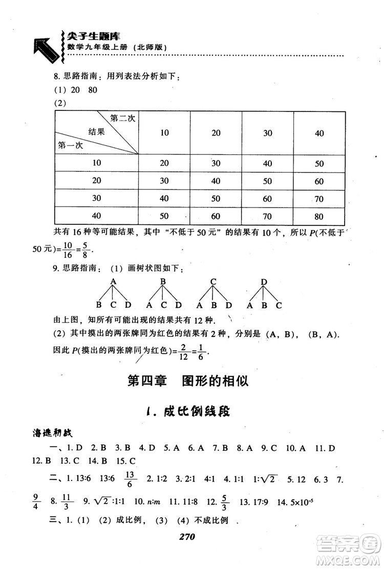 2018年秋尖子生題庫九年級數(shù)學上冊北師版BS參考答案