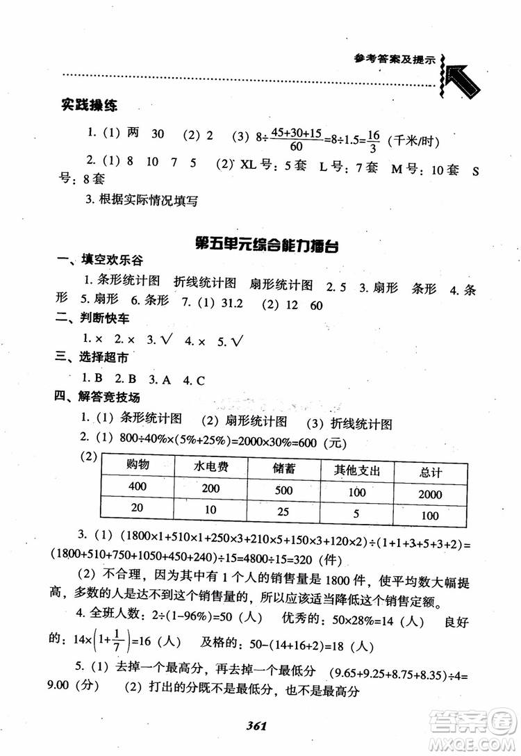 2019版尖子生題庫數(shù)學六年級上冊BS版北師大版參考答案