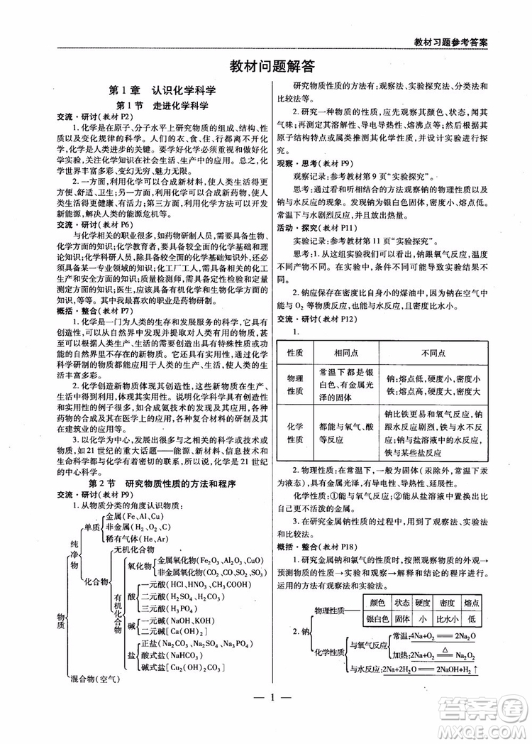 萬向思維2019版教材解讀與拓展高中化學(xué)必修1配魯科版參考答案 