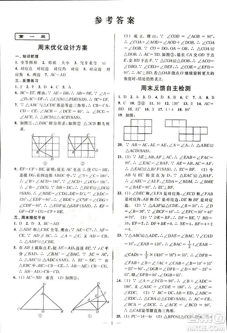 2019亮點給力周末優(yōu)化設(shè)計大試卷數(shù)學八年級上冊江蘇版答案