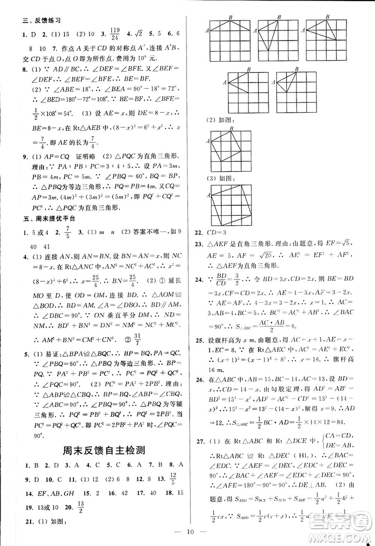 2019亮點給力周末優(yōu)化設(shè)計大試卷數(shù)學八年級上冊江蘇版答案