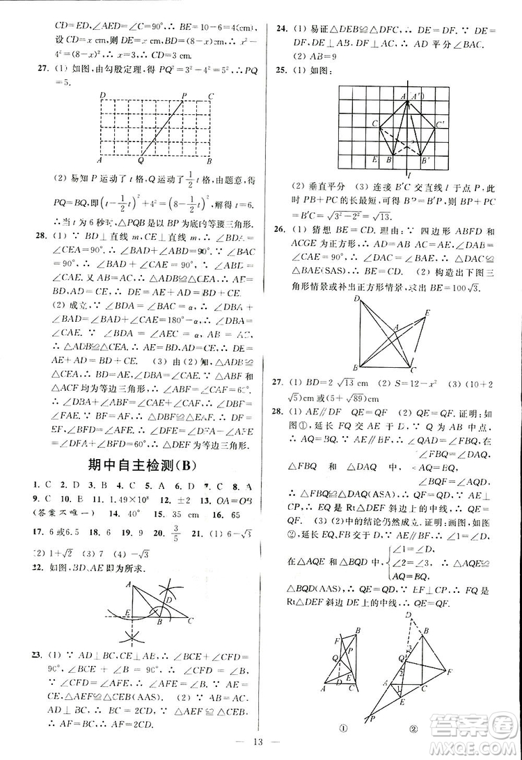 2019亮點給力周末優(yōu)化設(shè)計大試卷數(shù)學八年級上冊江蘇版答案